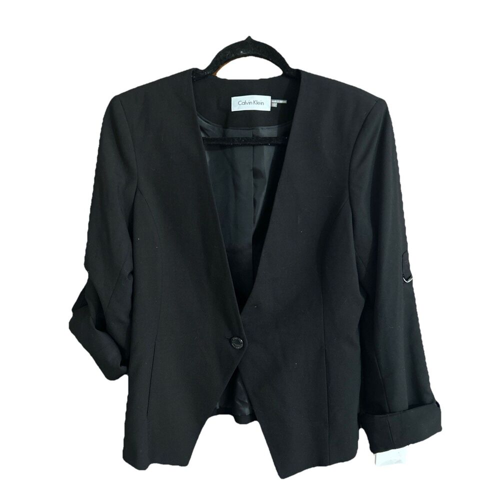 Calvin Klein Women’s Sz 10 Black Blazer Roll Tab Sleeve NWT